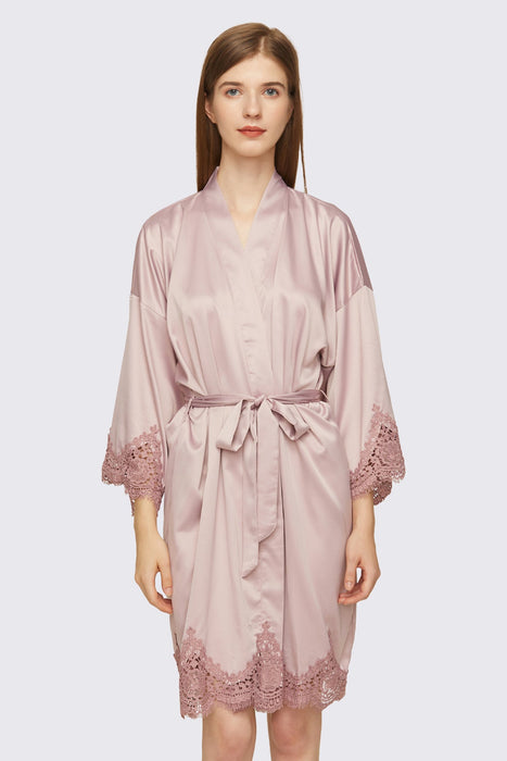 Mauve Short Satin Lace Robe Bridesmaid Robe Women Sleepwear