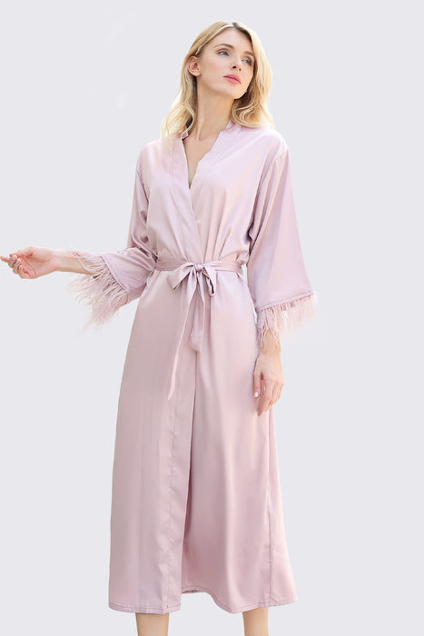 Long Feather Satin Robe For Bridesmaid in Pink