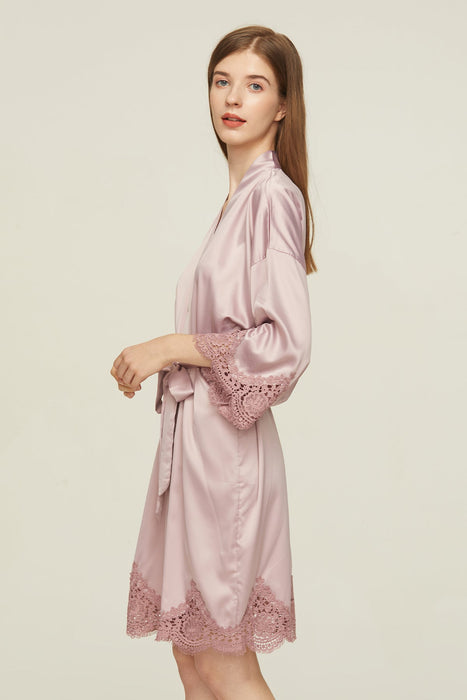 Mauve Short Satin Lace Robe Bridesmaid Robe Women Sleepwear