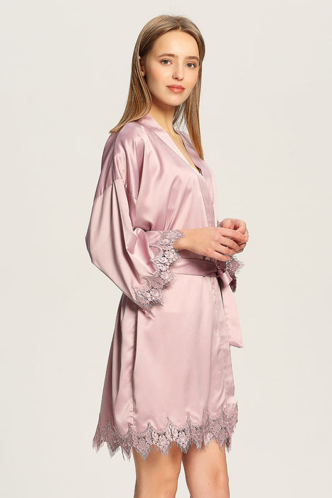 Grey Blue Bridesmaid Satin Lala Lace Robe Knee Length