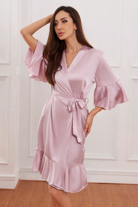 Orange Ruffle Silk Robe Satin Solid Bridesmaid Robe