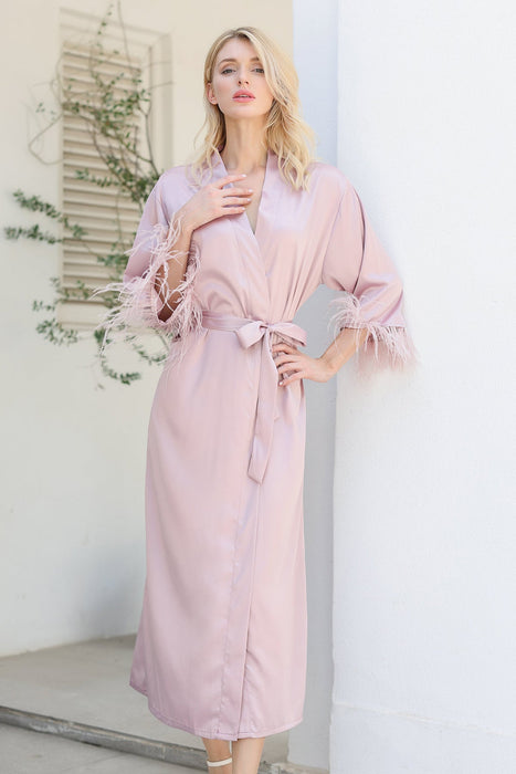 Long Feather Satin Robe For Bridesmaid in Champagne