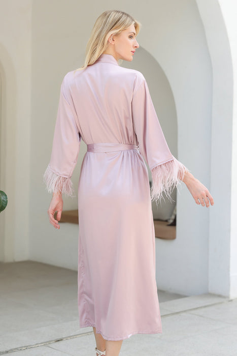 Long Feather Satin Robe For Bridesmaid in Pink