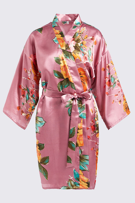 Pink Floral Satin Robe Short Sleepwear