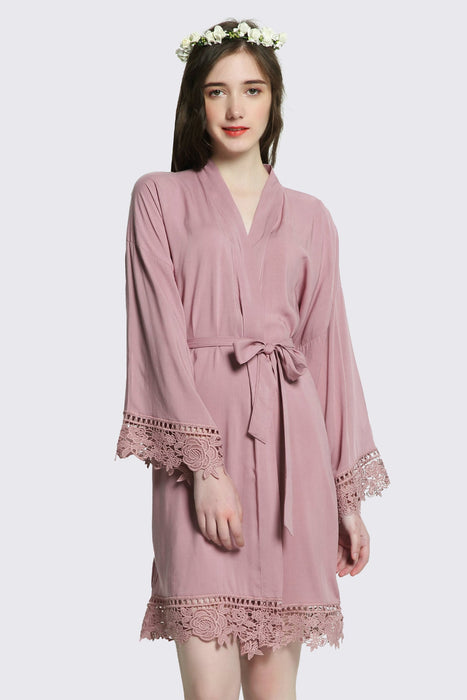 Mauve Rayon Cotton Floral Lace Robe For Women Bridal Robe