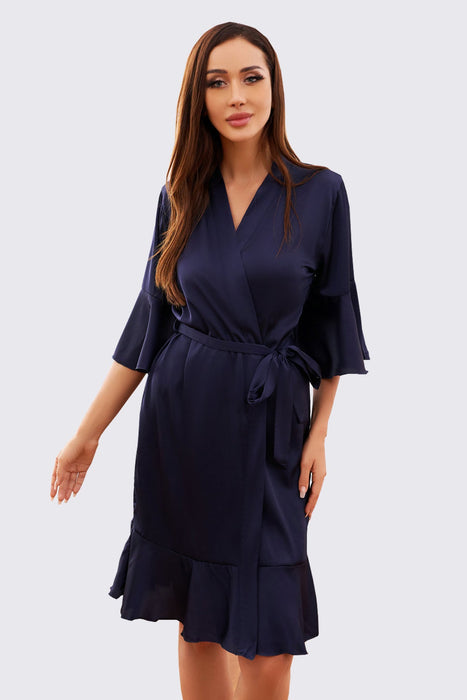 Black Ruffle Silk Robe Satin Solid Bridesmaid Robe