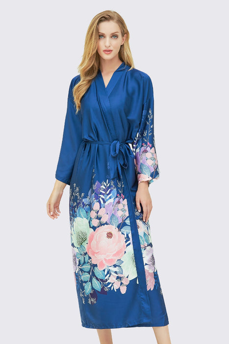 Navy Long Printing Floral Robe Satin Robe For Women