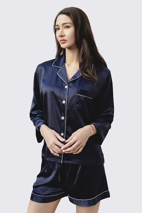 Satin Pajama Set Long Sleeves With Shorts For Women Blue Sleepwear