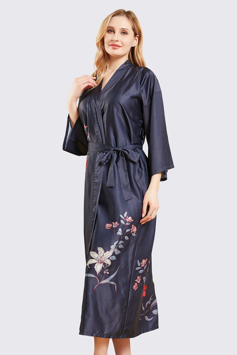 Black Long Printing Floral Robe Satin Robe For Women