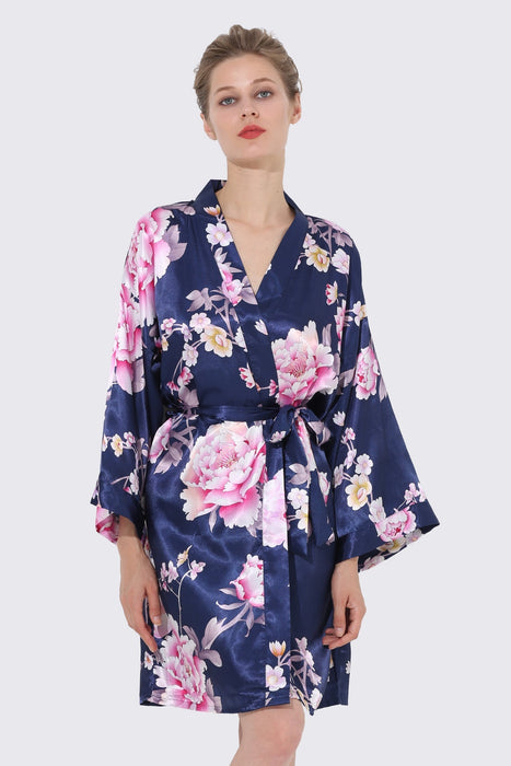 Women Floral Satin Robe Grey Knee Length Sleepwear