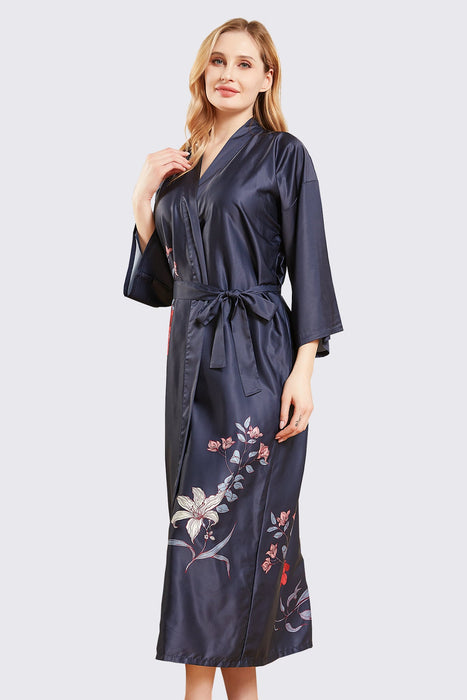 Black Silk Digital Floral Robe Satin Robe For Women