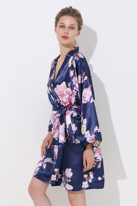 Women Floral Satin Robe Navy Knee Length Sleepwear