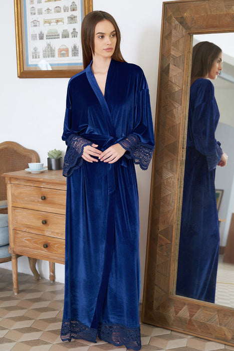 Velvet Lace Long Robe Green Bathrobe For Women