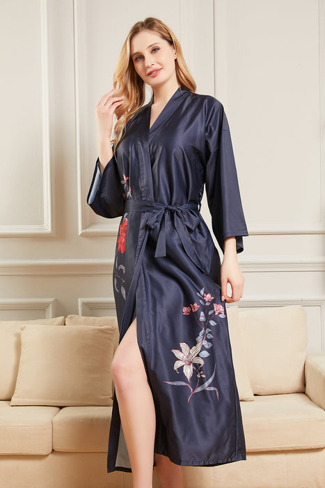 Black Long Printing Floral Robe Satin Robe For Women