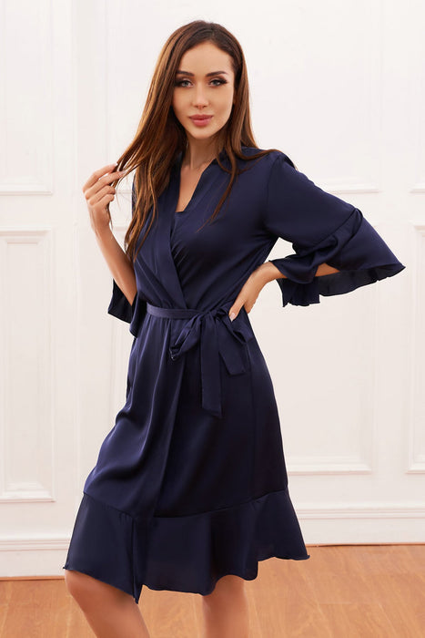 Black Ruffle Silk Robe Satin Solid Bridesmaid Robe