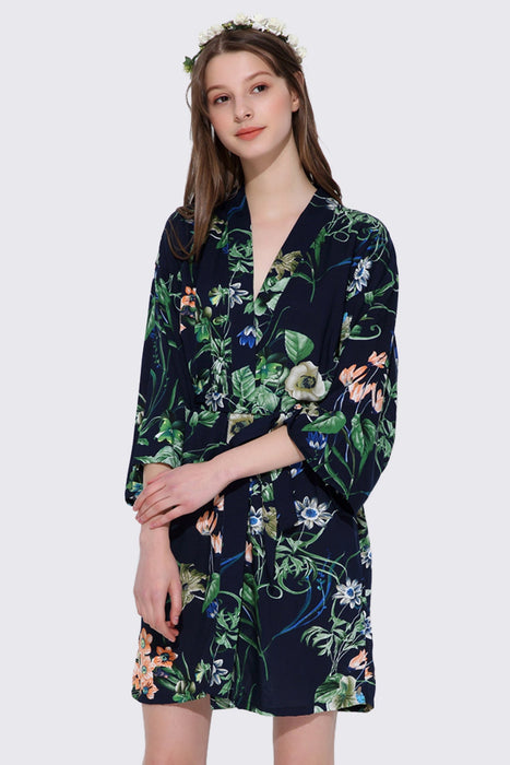 Navy Blue Rayon Cotton Women Robe Floral Design Dress