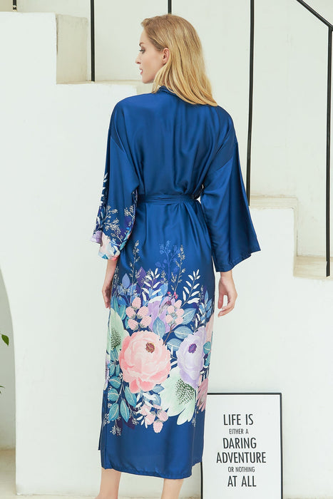 Navy Long Printing Floral Robe Satin Robe For Women