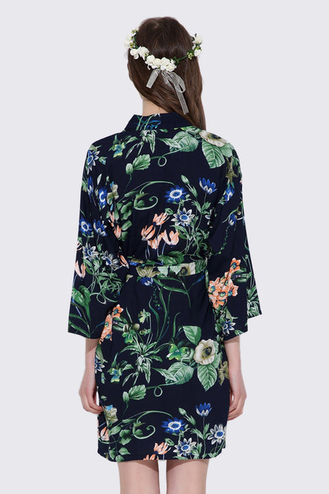 Navy Blue Rayon Cotton Women Robe Floral Design Dress