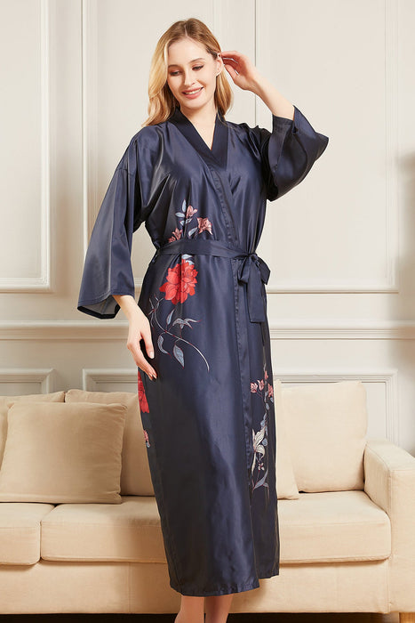 Black Silk Digital Floral Robe Satin Robe For Women