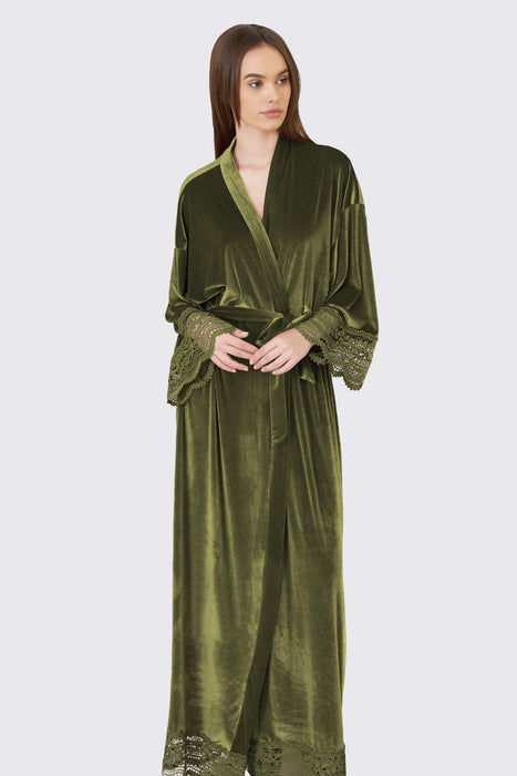 Velvet Lace Long Robe Green Bathrobe For Women