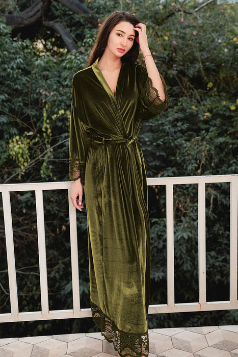 Velvet Lace Long Robe Green Bathrobe For Women