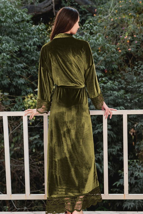 Velvet Lace Long Robe Green Bathrobe For Women