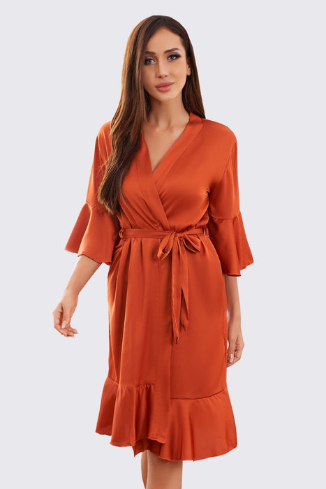 Orange Ruffle Silk Robe Satin Solid Bridesmaid Robe