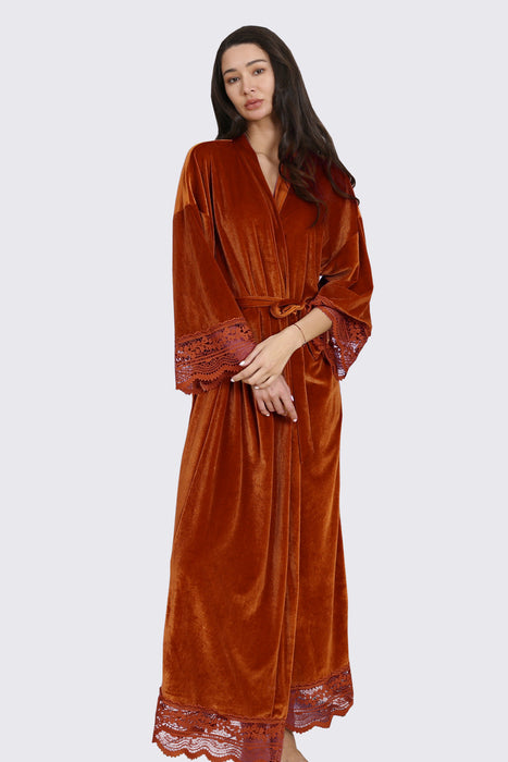 Velvet Lace Long Robe Yellow Bathrobe For Women