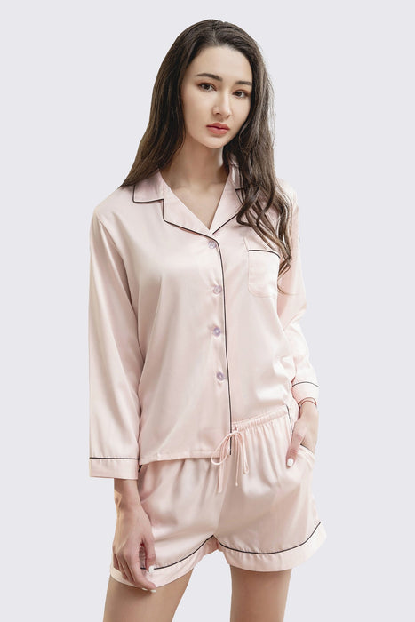 Satin Pajama Set Long Sleeves With Shorts For Women Blue Sleepwear