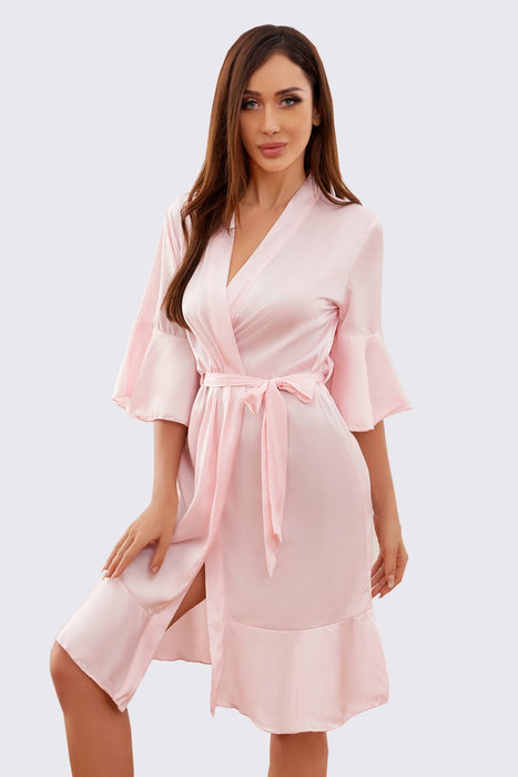 Pink Ruffle Silk Robe Satin Solid Bridesmaid Robe