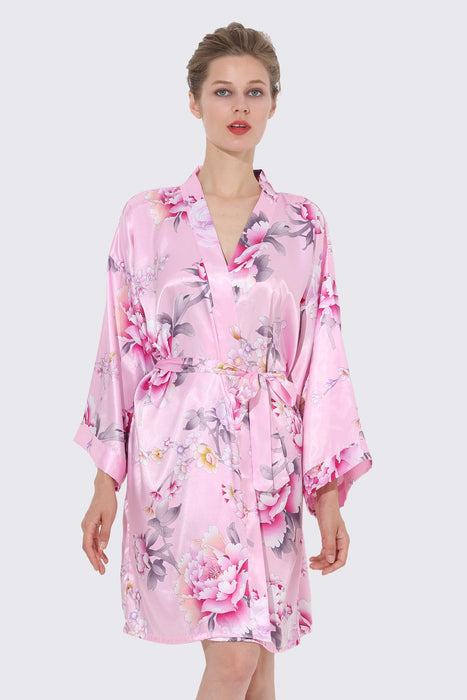 Women Floral Satin Robe Navy Knee Length Sleepwear