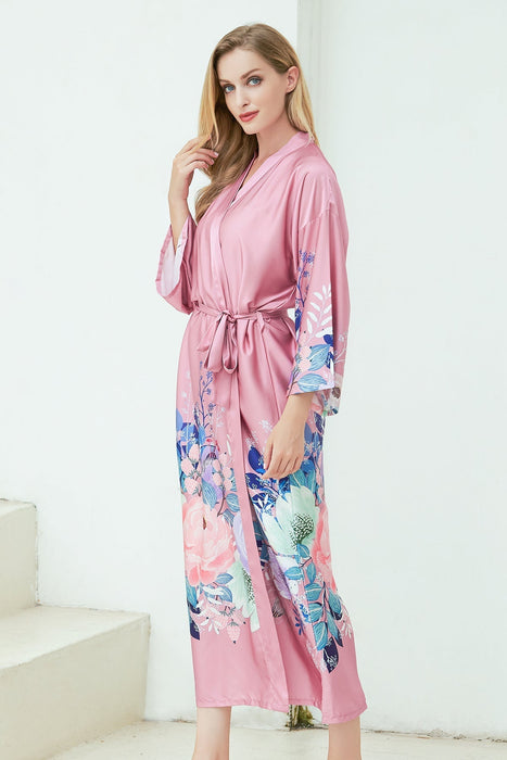 White Long Printing Floral Robe Satin Robe For Women