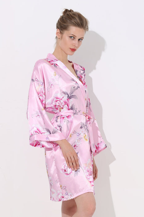 Women Floral Satin Robe Grey Knee Length Sleepwear