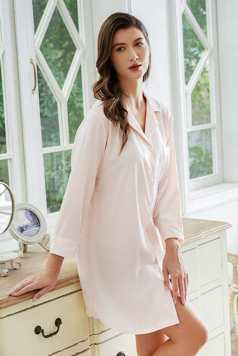 White Satin Shirt Knee Length For Women Sleepwear