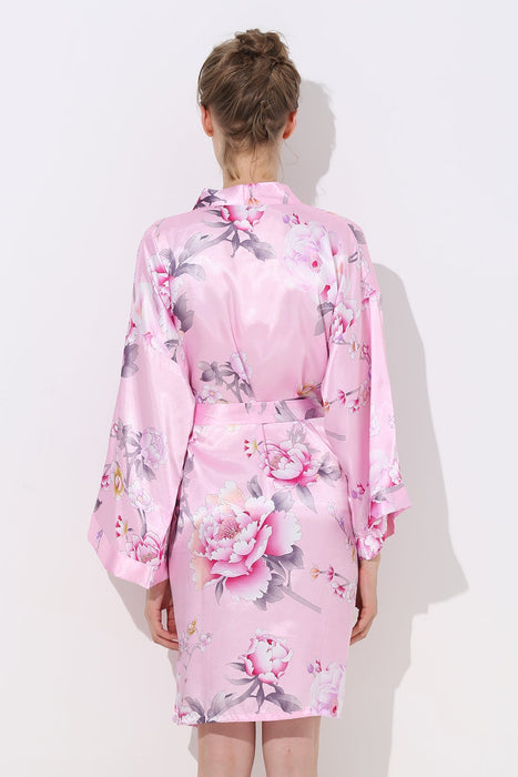 Women Floral Satin Robe Navy Knee Length Sleepwear