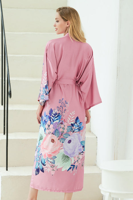 Long Printing Floral Robe Satin Robe For Women In Pink