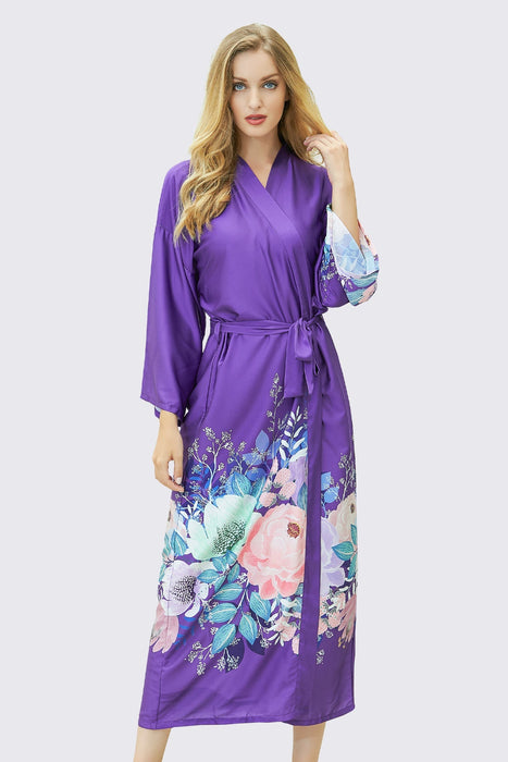 Navy Long Printing Floral Robe Satin Robe For Women