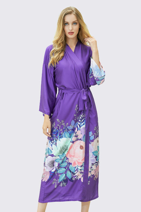 White Long Printing Floral Robe Satin Robe For Women