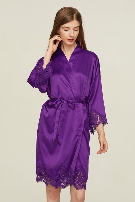 Burgundy Short Satin Lace Robe Bridesmaid Robe Women Sleepwear