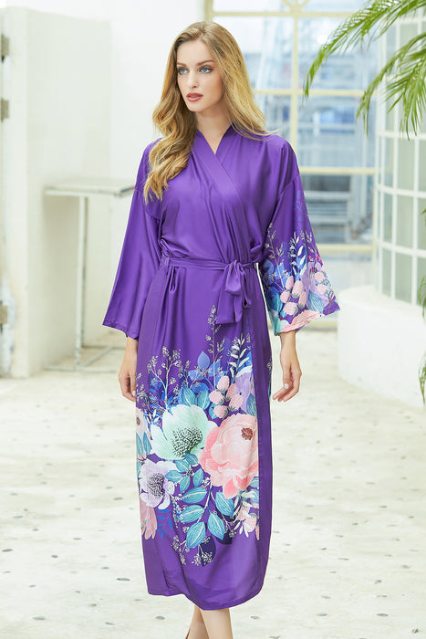 Long Printing Floral Robe Satin Robe For Women