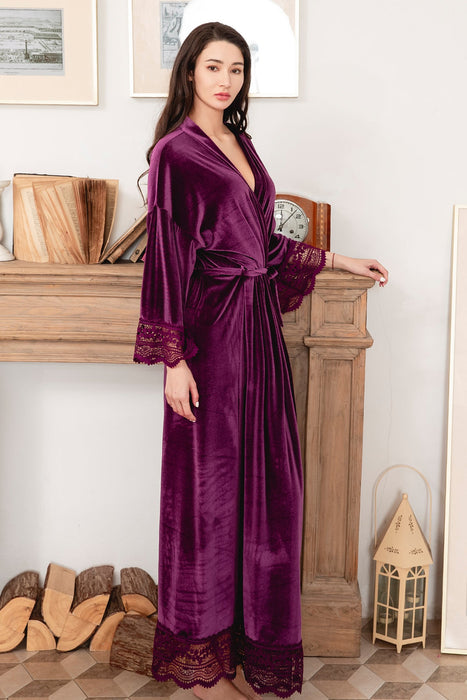 Velvet Lace Long Robe Green Bathrobe For Women