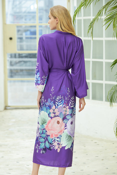 Long Printing Floral Robe Satin Robe For Women