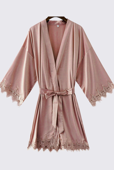 Mauve Bridesmaid Satin Lala Lace Robe Knee Length