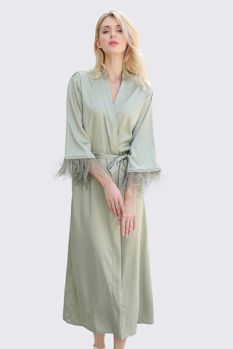 Long Feather Satin Robe For Bridesmaid in Light Blue