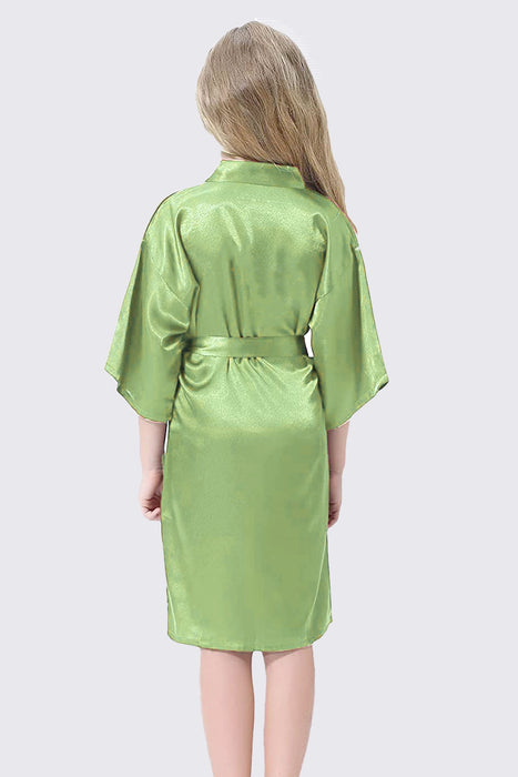 Green Kid Satin Plain Robe Kimono Kid's Robe