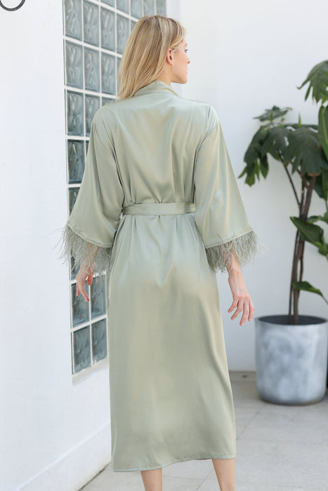 Long Feather Satin Robe For Bridesmaid in Champagne