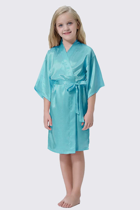 Green Kid Satin Plain Robe Kimono Kid's Robe