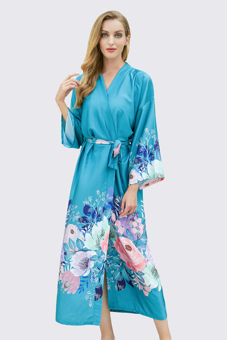 Long Printing Floral Robe Satin Robe For Women