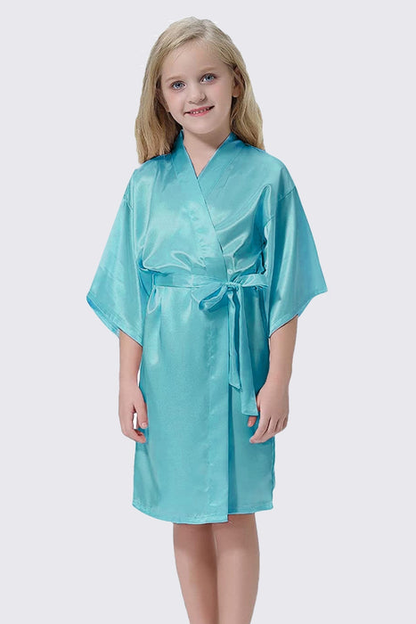 Green Kid Satin Plain Robe Kimono Kid's Robe