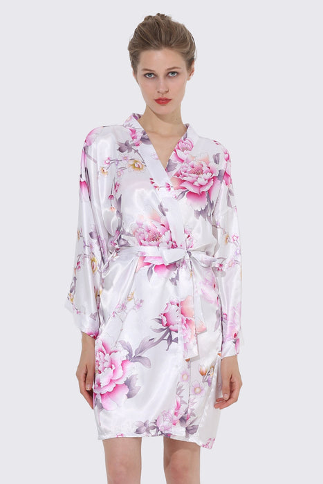 Women Floral Satin Robe Grey Knee Length Sleepwear